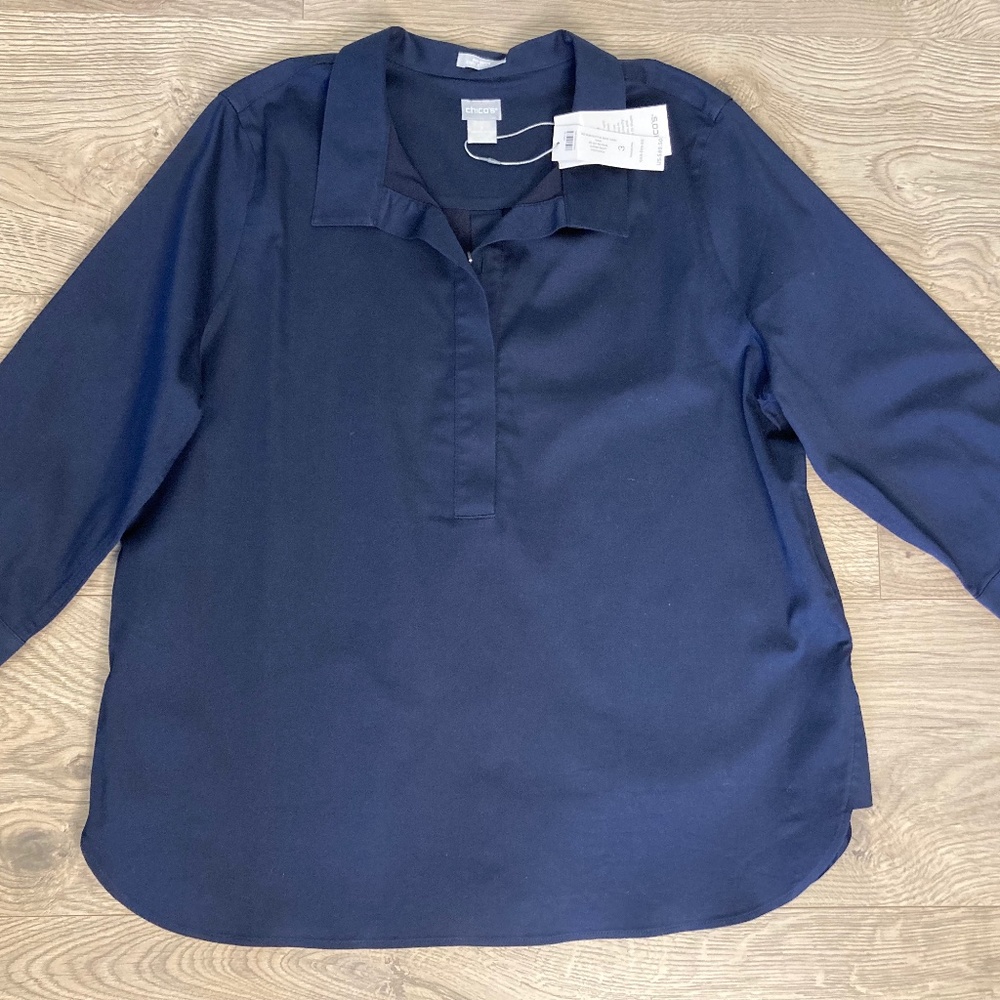 NWT Chico's Navy Cotton Blouse with button detailing